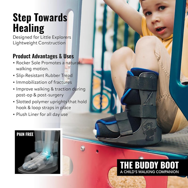 Braceapedia Pediatric Buddy Boot, Kids Medical Grade Left/Right Foot & Ankle Support Brace, Sprain & Injury Recovery Walker Boots, Kids Ankle Brace for Sports and Recovery, Medium Blue Liner, Black - Image 4